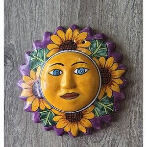 Talavera Sun Sunflowers Mexican Pottery Hand Painted Wall Decor 9" Purple